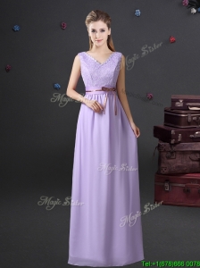 2017 Exclusive Empire V Neck Lavender Prom Dress with Lace and Belt