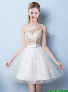 Beautiful One Shoulder Sequined and Bowknot Champagne Prom Dress