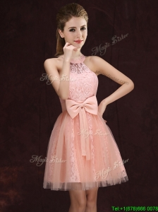 Elegant See Through Halter Top Bowknot and Laced Short Prom Dress