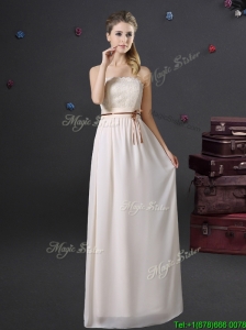Pretty Off White Chiffon Strapless Prom Dress with Lace and Belt