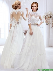 Cheap High Neck Side Zipper Wedding Dress with Belt and Lace