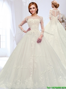 Classical See Through Court Train Beaded Wedding Dress with Zipper Up