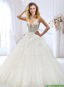 Gorgeous See Through Scoop Wedding Dress with Lace and Beading