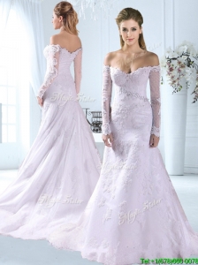 Lovely Off the Shoulder Brush Train Wedding Dress with Long Sleeves