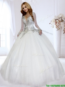 Luxurious Deep V Neckline Beaded Bodice Wedding Dress with Open Back