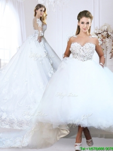 Luxurious See Through V Neck Applique Wedding Dress with Long Sleeves