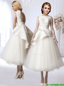 New Style A Line Backless Applique Wedding Dress in Tea Length