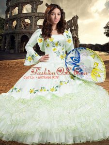 White Lace Up 15th Birthday Dress Embroidery and Ruffled Layers Long Sleeves Floor Length