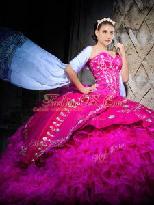 Exquisite Brush Train Ball Gowns Vestidos de Quinceanera Fuchsia Sweetheart Organza Sleeveless Lace Up