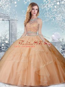 Simple Champagne Sleeveless Beading Floor Length Sweet 16 Dresses