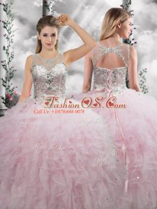 Sleeveless Floor Length Beading and Ruffles Lace Up Sweet 16 Dress with Baby Pink