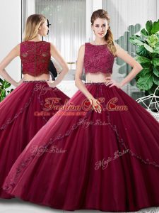 Modern Burgundy Tulle Zipper Scoop Sleeveless Floor Length Quinceanera Gowns Lace and Ruching