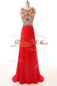 New Arrival Red Prom Evening Gown Prom and Party with Beading Scoop Sleeveless Brush Train Side Zipper