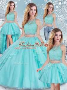 Floor Length Ball Gowns Sleeveless Aqua Blue Quinceanera Dress Clasp Handle