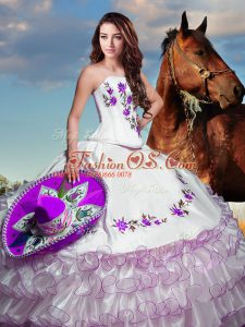 Floor Length Lace Up Vestidos de Quinceanera White for Military Ball and Sweet 16 and Quinceanera with Embroidery and Ruffled Layers