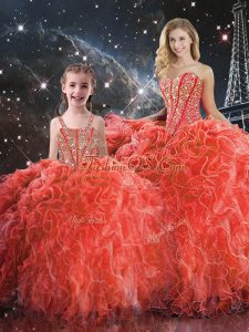 Sweetheart Sleeveless Lace Up Quince Ball Gowns Coral Red Organza
