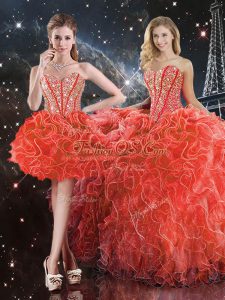 Excellent Floor Length Lace Up 15th Birthday Dress Coral Red for Military Ball and Sweet 16 and Quinceanera with Beading and Ruffles