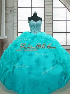 Inexpensive Sleeveless Floor Length Beading and Appliques and Pick Ups Lace Up 15 Quinceanera Dress with Aqua Blue