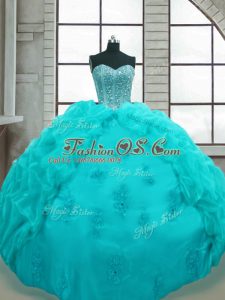 Inexpensive Sleeveless Floor Length Beading and Appliques and Pick Ups Lace Up 15 Quinceanera Dress with Aqua Blue