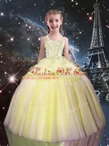 Cute Sleeveless Floor Length Beading Lace Up Pageant Dress for Womens with Light Yellow
