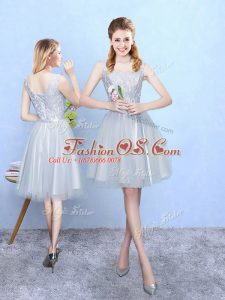 Deluxe Tulle Square Sleeveless Lace Up Lace Quinceanera Court of Honor Dress in Silver
