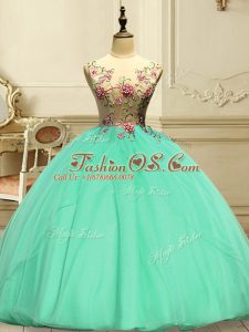 Apple Green Lace Up Scoop Appliques Ball Gown Prom Dress Organza Sleeveless