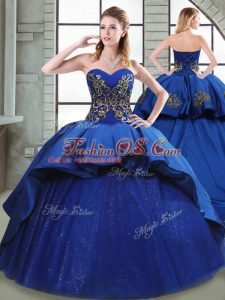 New Style Sleeveless Taffeta Court Train Lace Up Vestidos de Quinceanera in Blue with Beading and Appliques and Embroidery