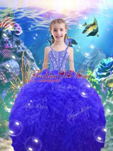 Royal Blue Ball Gowns Beading and Ruffles Little Girl Pageant Gowns Lace Up Organza Sleeveless Floor Length