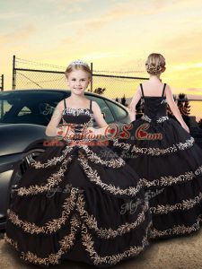 Custom Made Spaghetti Straps Sleeveless Pageant Dress for Girls Floor Length Embroidery and Ruffled Layers Black Taffeta