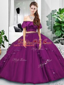 Classical Sleeveless Floor Length Lace and Ruffles Lace Up 15 Quinceanera Dress with Eggplant Purple