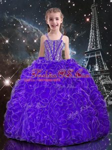 Deluxe Eggplant Purple Sleeveless Floor Length Beading and Ruffles Lace Up Little Girls Pageant Gowns