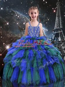 Superior Blue Kids Pageant Dress Quinceanera and Wedding Party with Beading and Ruffles Straps Sleeveless Lace Up