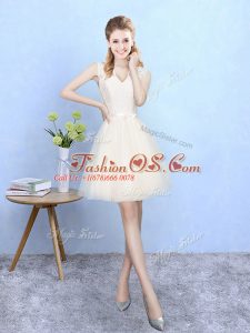 Unique Lace Court Dresses for Sweet 16 Champagne Lace Up Sleeveless Knee Length