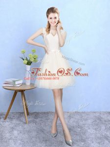 Unique Lace Court Dresses for Sweet 16 Champagne Lace Up Sleeveless Knee Length