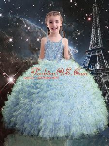 Top Selling Light Blue Ball Gowns Organza Straps Sleeveless Beading and Ruffles Floor Length Lace Up Little Girl Pageant Gowns