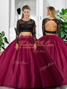 Two Pieces Vestidos de Quinceanera Fuchsia Scoop Tulle Long Sleeves Floor Length Backless