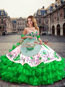 Green Ball Gowns Embroidery and Ruffled Layers Sweet 16 Quinceanera Dress Lace Up Organza and Taffeta Sleeveless Floor Length