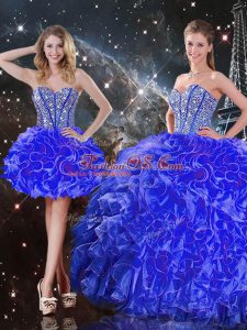 Charming Blue Ball Gowns Sweetheart Sleeveless Organza Floor Length Lace Up Beading and Ruffles Quinceanera Dress