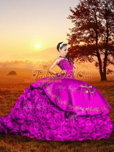 Fuchsia Sleeveless Embroidery and Ruffles Lace Up Quince Ball Gowns