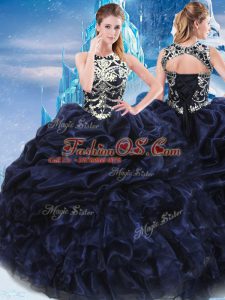 Glittering Navy Blue Sleeveless Floor Length Appliques and Ruffles and Pick Ups Lace Up Sweet 16 Dresses