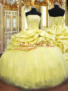 Spectacular Strapless Sleeveless Quinceanera Gowns Floor Length Beading and Pick Ups Gold Taffeta