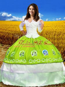 Sophisticated Floor Length Yellow Green Quinceanera Dress Off The Shoulder 3 4 Length Sleeve Lace Up