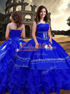 Exceptional Royal Blue Taffeta Zipper Strapless Sleeveless Floor Length Sweet 16 Dresses Embroidery and Ruffled Layers