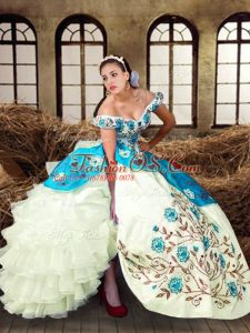 Dynamic Sleeveless Floor Length Embroidery and Ruffled Layers Lace Up Quinceanera Dress with Multi-color