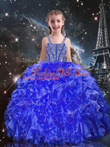 Shining Royal Blue Lace Up Straps Beading and Ruffles Child Pageant Dress Organza Sleeveless