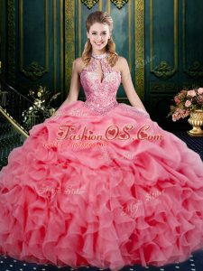 Discount Beading and Ruffles and Pick Ups Sweet 16 Dresses Watermelon Red Lace Up Sleeveless Floor Length