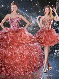 Modern Rust Red Sleeveless Beading and Ruffles Floor Length Sweet 16 Quinceanera Dress