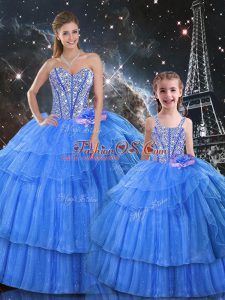 Clearance Floor Length Baby Blue Quinceanera Gowns Organza and Tulle Sleeveless Ruffled Layers