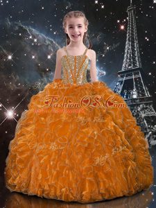 Wonderful Organza Straps Sleeveless Lace Up Beading and Ruffles Little Girl Pageant Dress in Orange Red