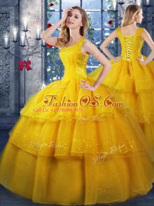 Glamorous Gold Sleeveless Organza Lace Up 15th Birthday Dress for Military Ball and Sweet 16 and Quinceanera
